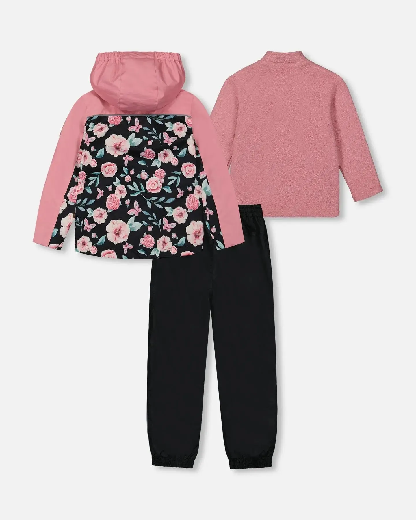 3-In-1 Mid-Season Outerwear Set With Printed Jacket Pink, Black, And Flowers