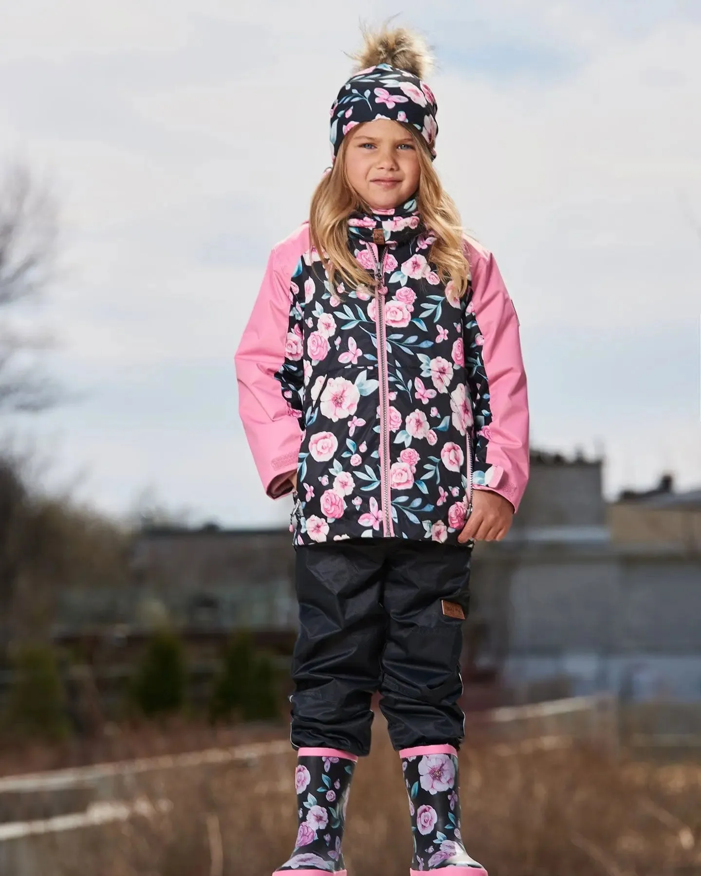 3-In-1 Mid-Season Outerwear Set With Printed Jacket Pink, Black, And Flowers