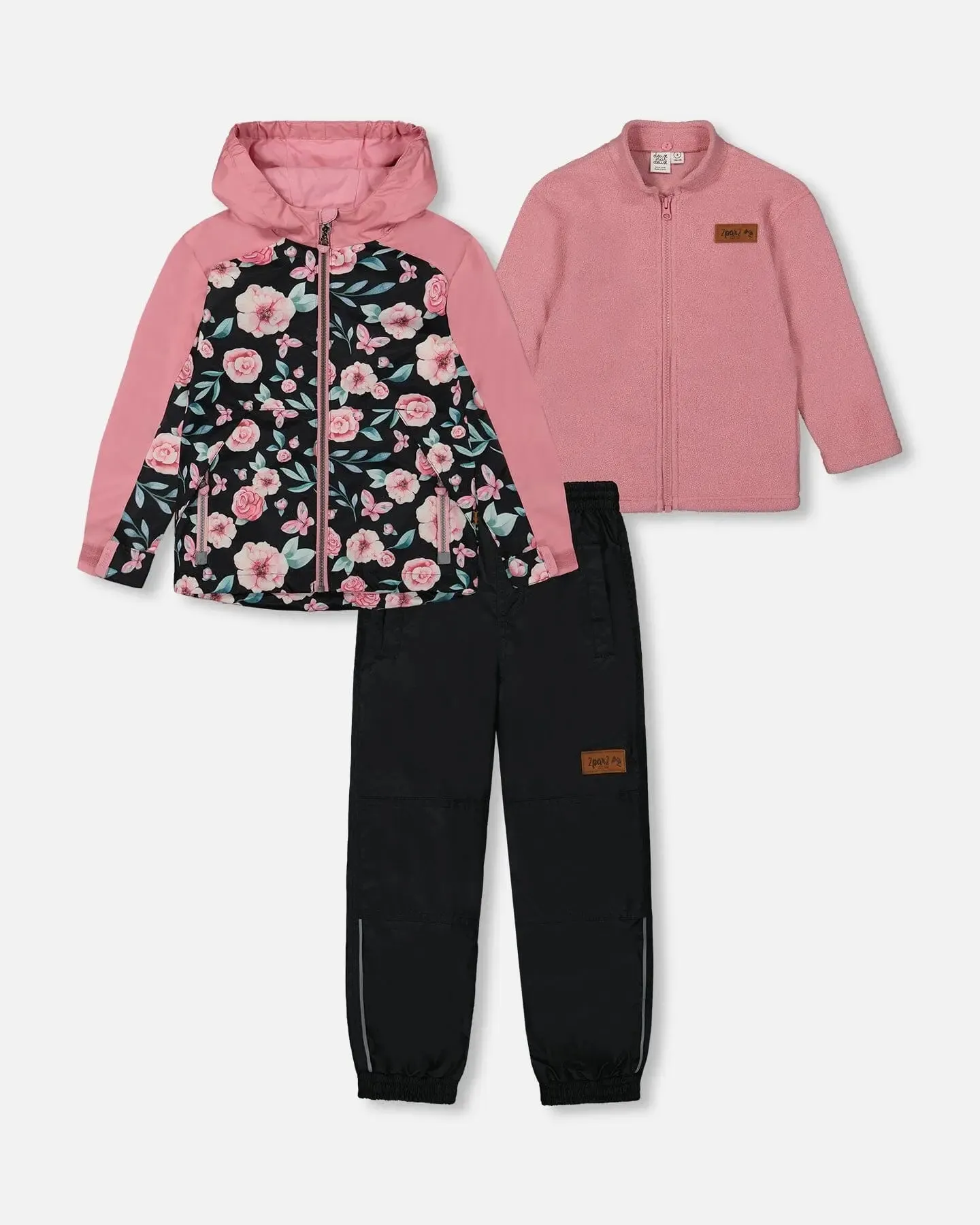 3-In-1 Mid-Season Outerwear Set With Printed Jacket Pink, Black, And Flowers