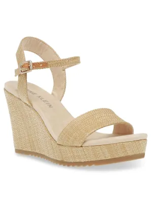 ANNE KLEIN Womens Beige Woven Padded Ankle Strap Adjustable Wella Round Toe Wedge Buckle Heeled M