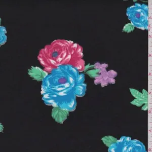 Black/Aqua Floral Double Brushed Jersey Knit Fabric