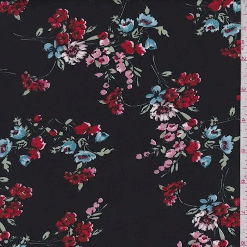 Black/Ruby/Pink Floral Cluster Double Brushed Jersey Knit Fabric