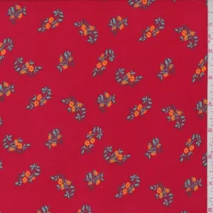 Bright Red Floral Cluster Double Brushed Jersey Knit Fabric