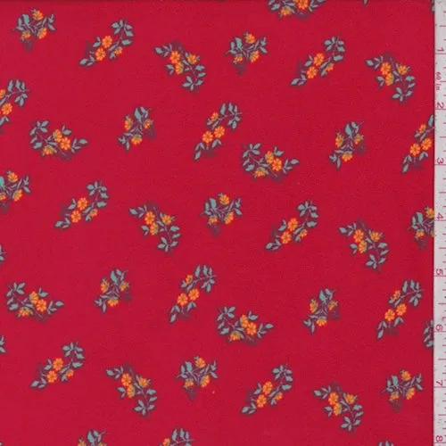 Bright Red Floral Cluster Double Brushed Jersey Knit Fabric