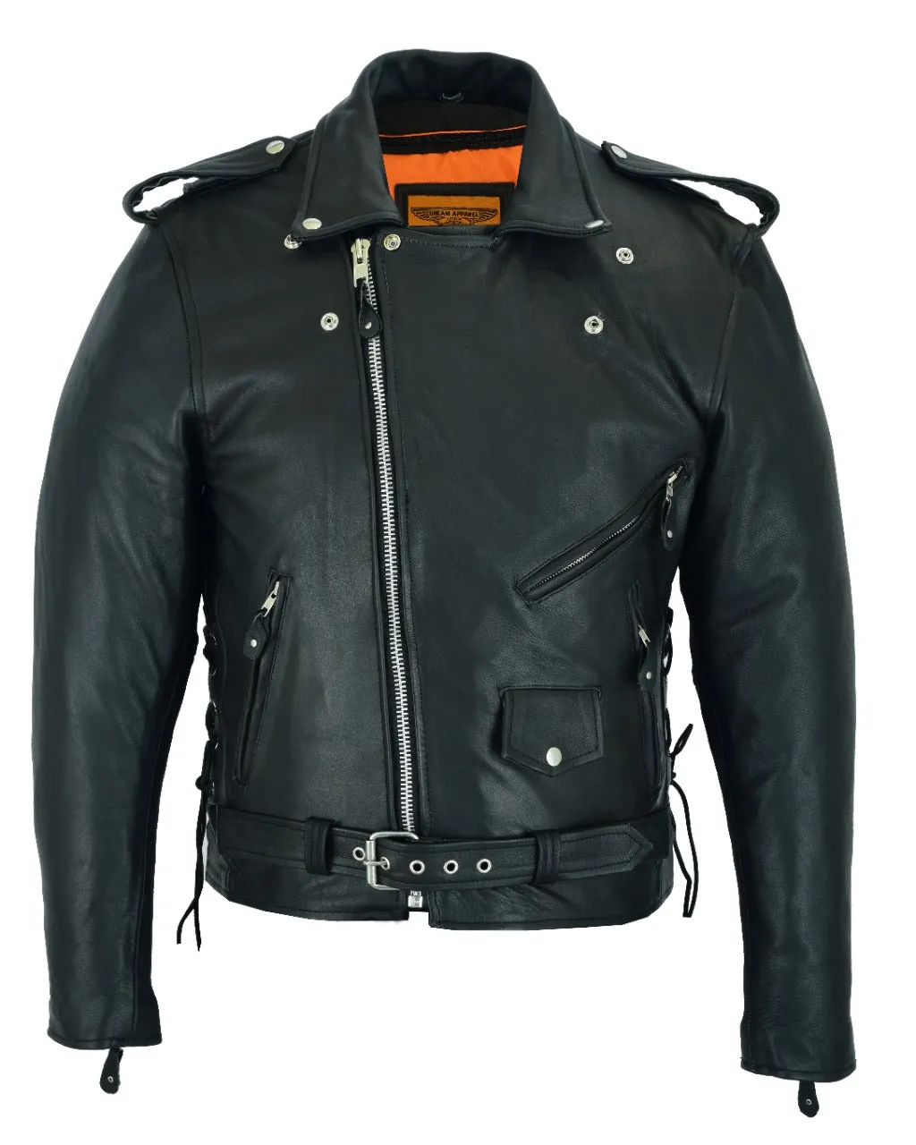 Dream Apparel Mens Classic Police Style Motorcycle Jacket With Side Laces Silver Hardware