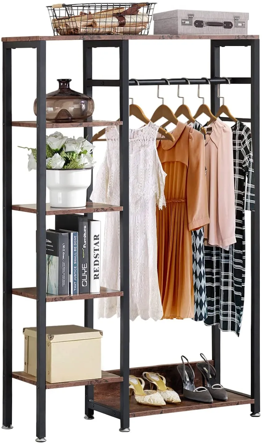 Free-Standing Garment Rack, Heavy Duty Storage Organizer with 5 Shelves and Hanging Rod