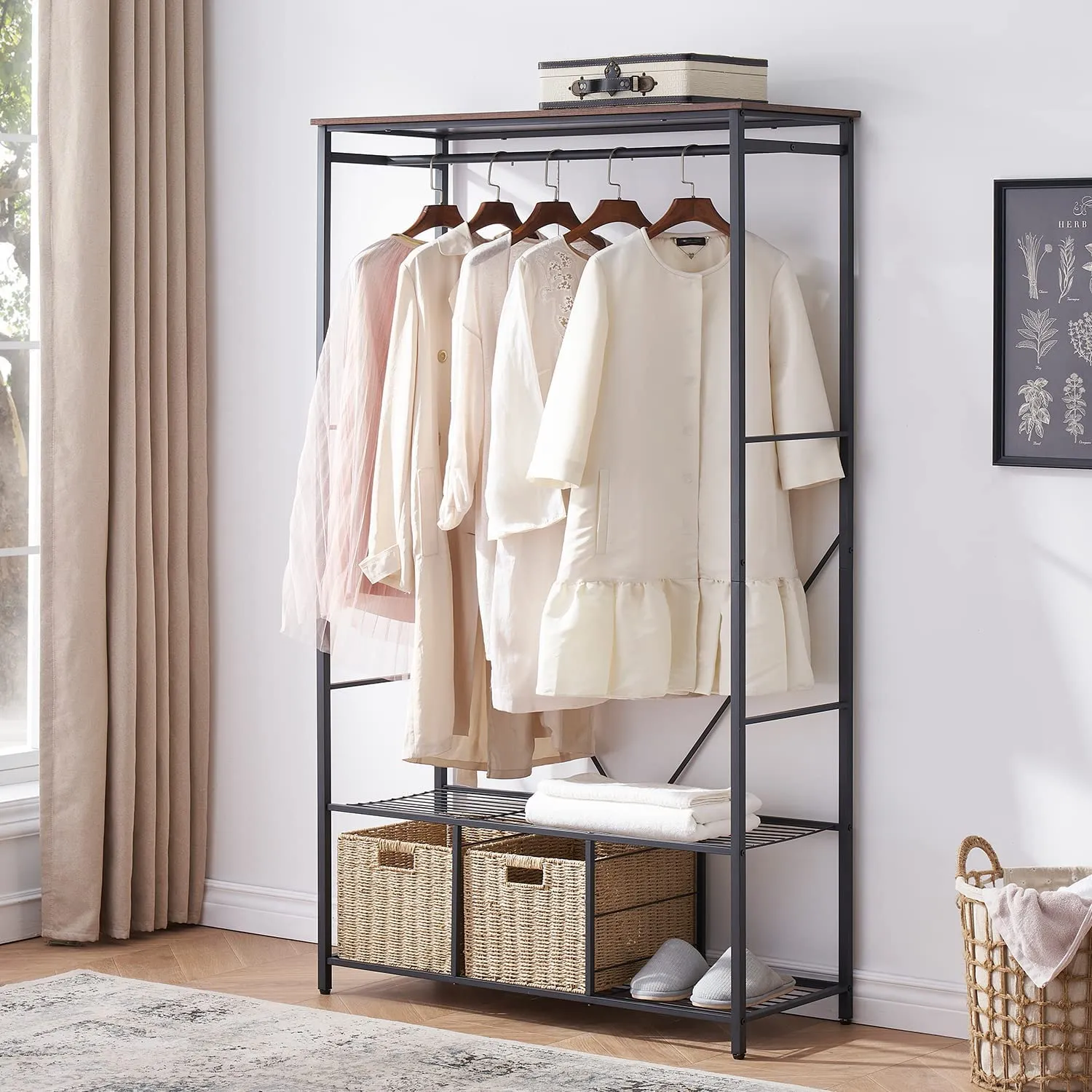 Free-Standing Garment Rack, Heavy Duty Storage Organizer with 5 Shelves and Hanging Rod