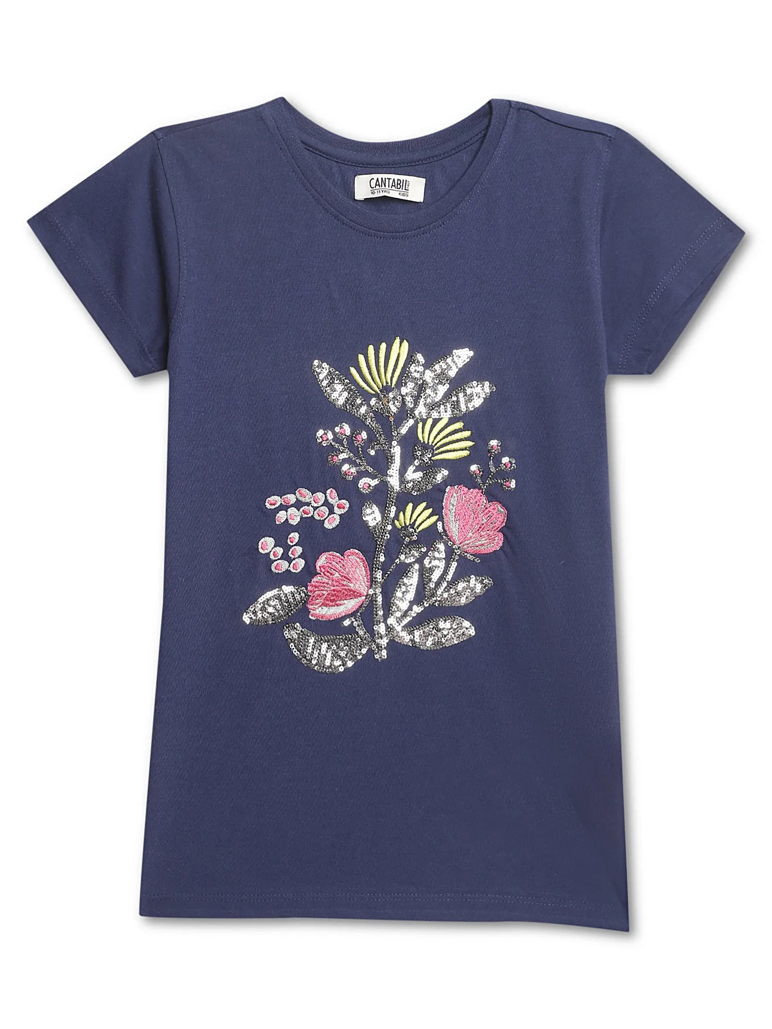 Girls Round Neck Navy Blue T-Shirt