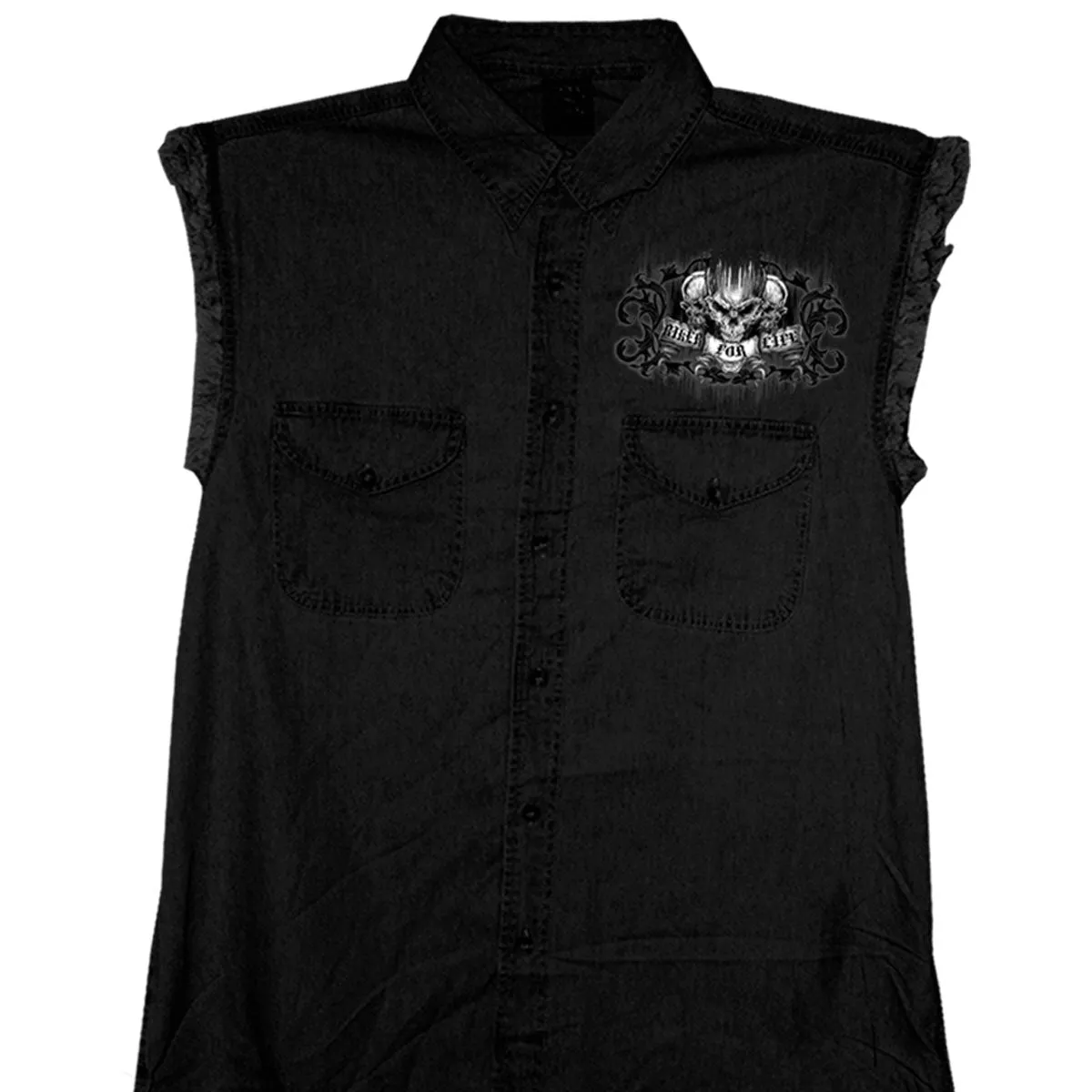 Hot Leathers GMD5015 Mens Ride or Die Skull Sleeveless Denim Black Shirt