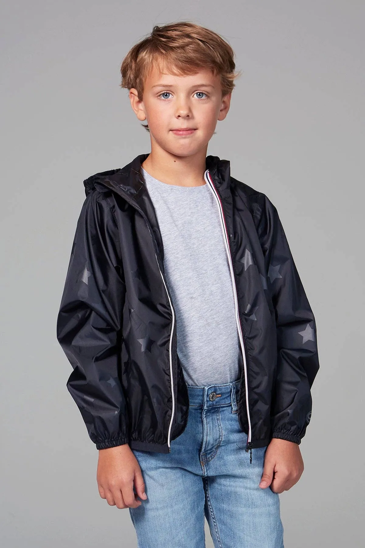 Kid's Black Gloss Stars Full Zip Packable Rain Jacket and Windbreaker