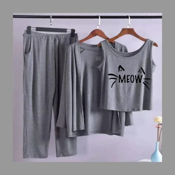 Meow Women Night Suit PJ 3 Pieces Set