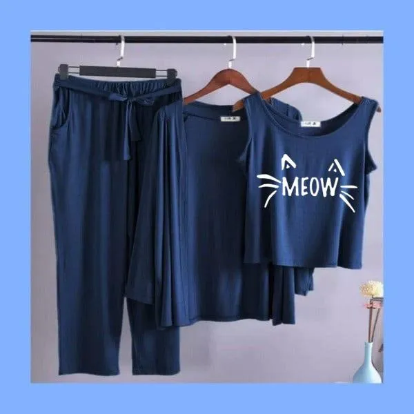 Meow Women Night Suit PJ 3 Pieces Set