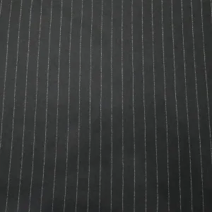 Midnight Black with White Pin Stripes Worsted Wool Suiting Fabric