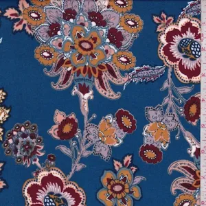 Ocean Blue Multi Stylized Floral Double Brushed Jersey Knit Fabric