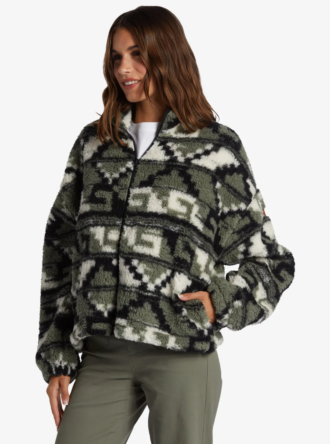 Off The Wave Sherpa Printed Full-Zip Fleece - Agave Green Taos Geo