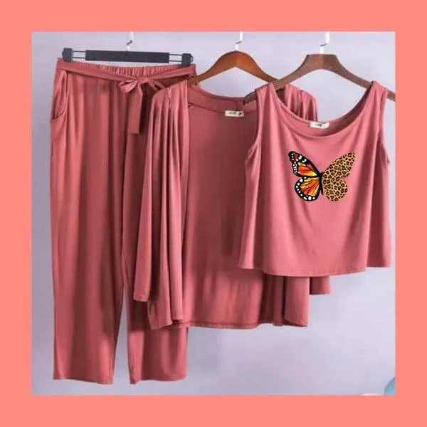 Orange Butterfly Women Night Suit PJ 3 Pieces Set