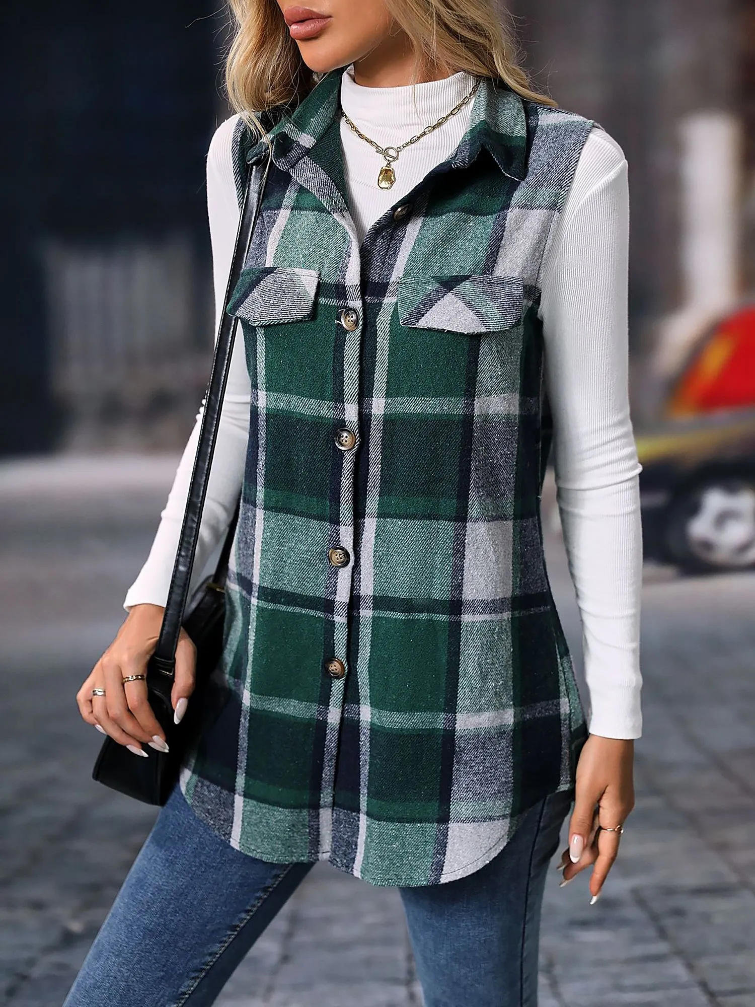 Plaid Sleeveless Button Down Brushed Vest Jacket