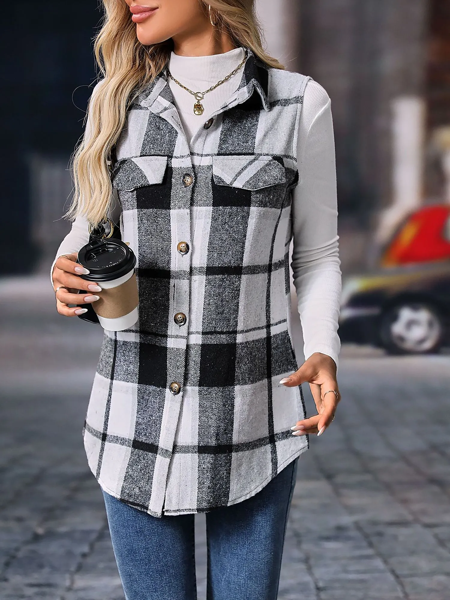 Plaid Sleeveless Button Down Brushed Vest Jacket