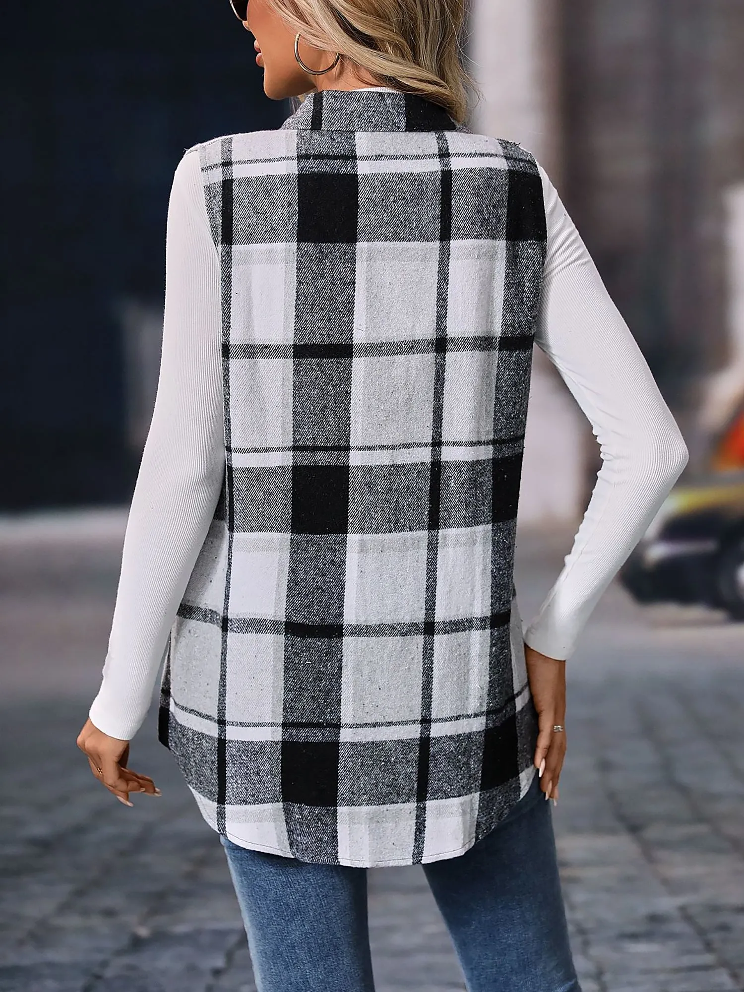 Plaid Sleeveless Button Down Brushed Vest Jacket