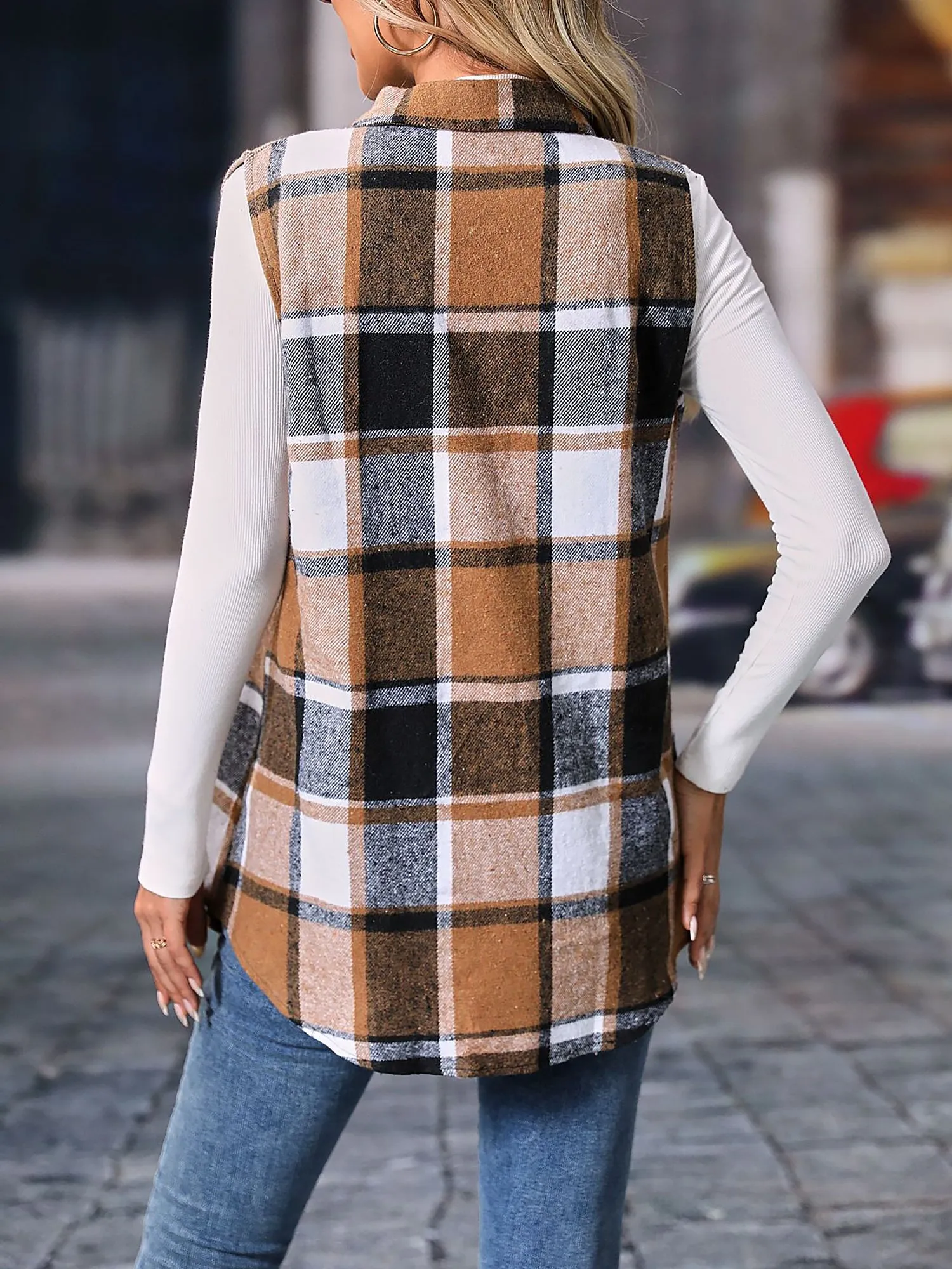 Plaid Sleeveless Button Down Brushed Vest Jacket