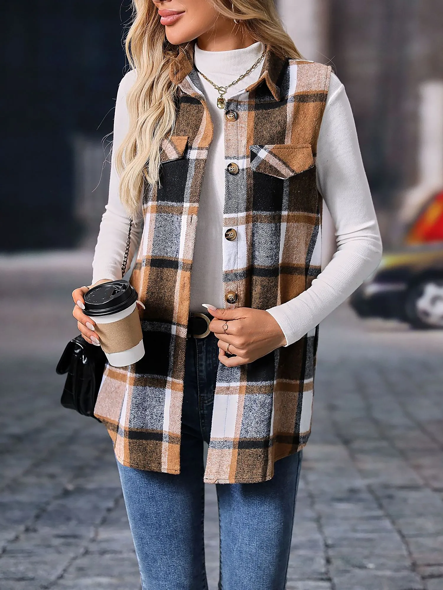 Plaid Sleeveless Button Down Brushed Vest Jacket