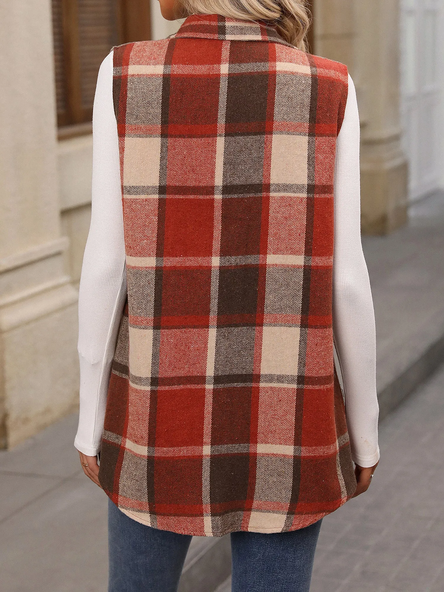 Plaid Sleeveless Button Down Brushed Vest Jacket