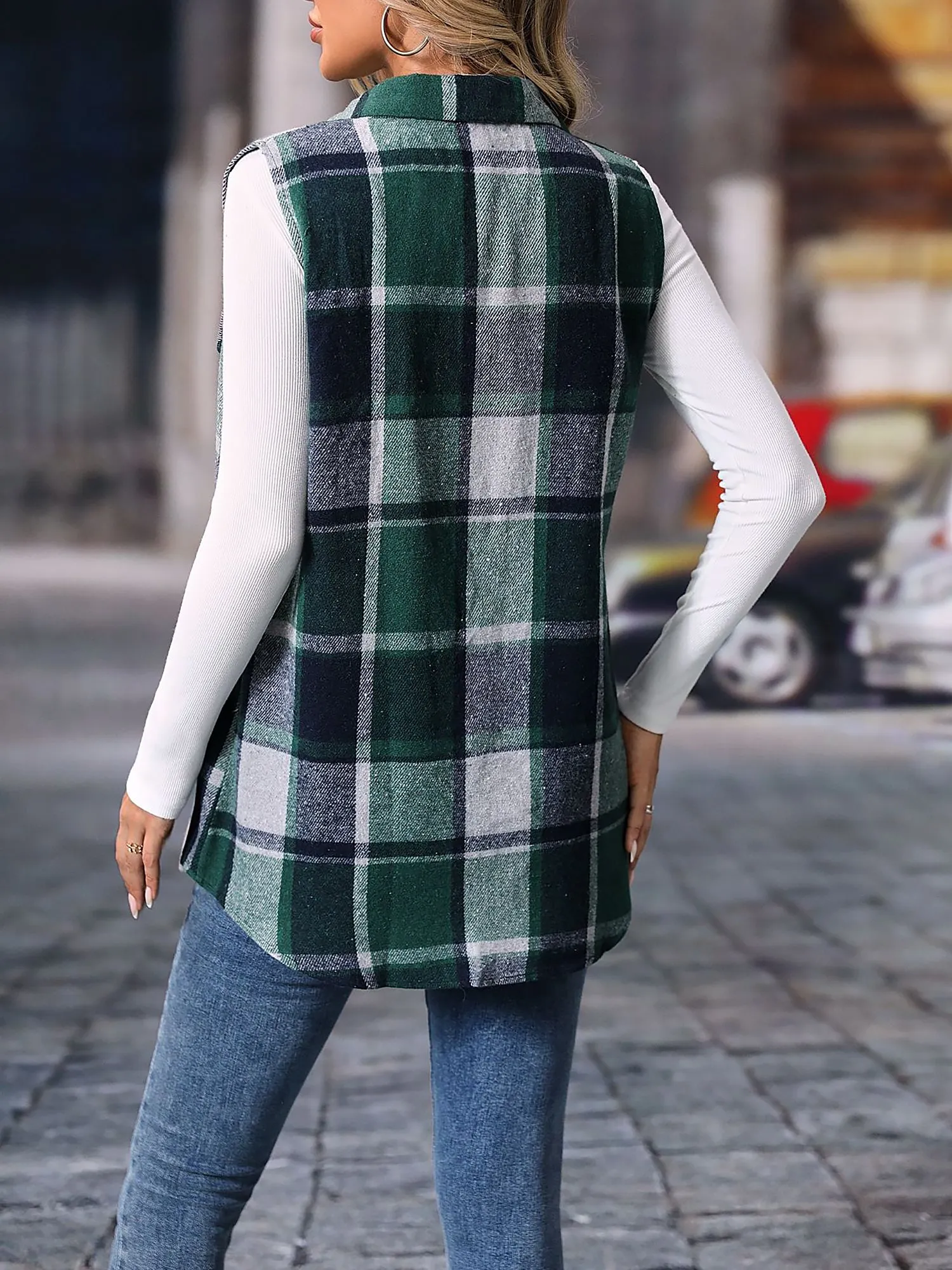 Plaid Sleeveless Button Down Brushed Vest Jacket