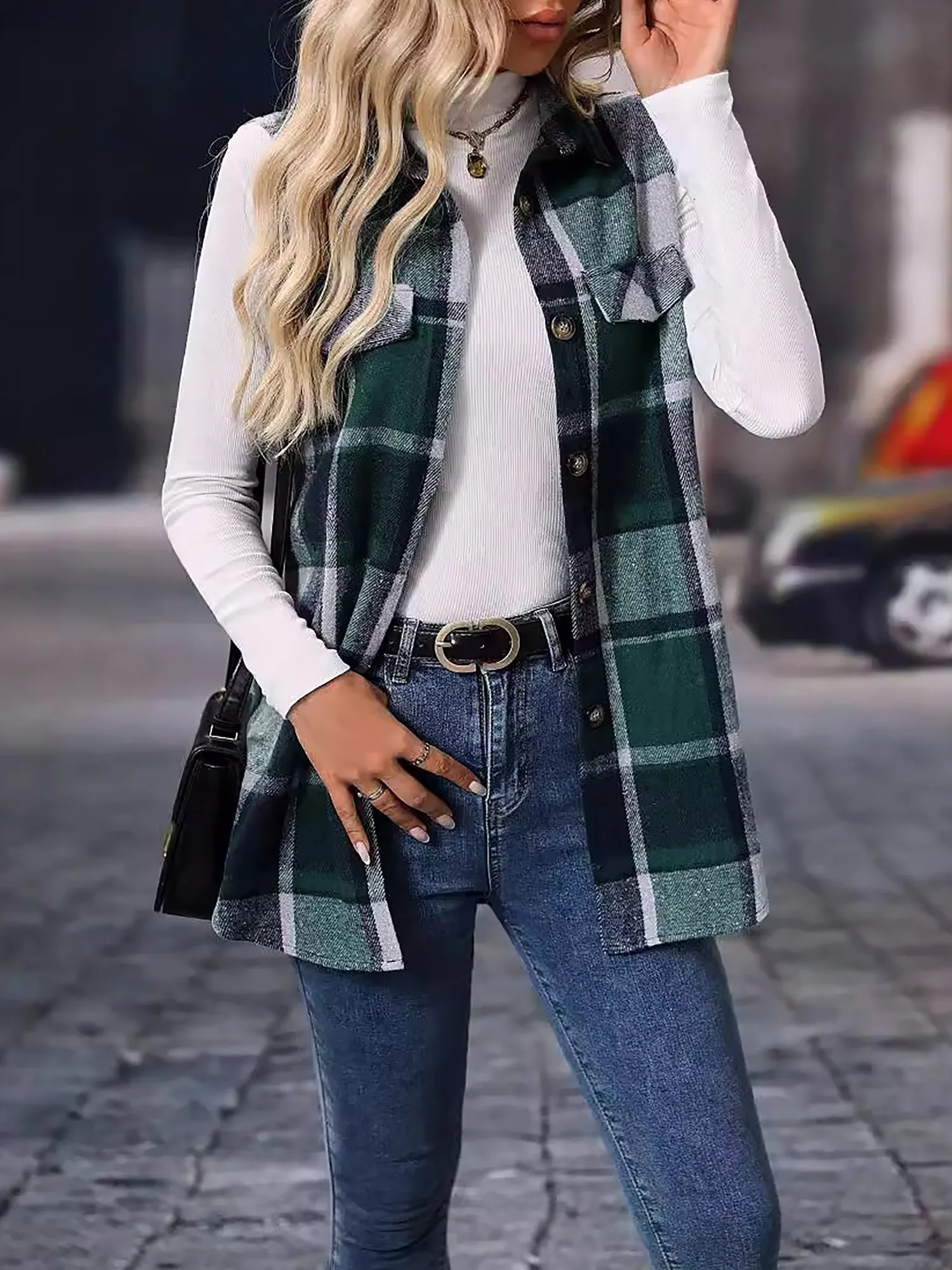 Plaid Sleeveless Button Down Brushed Vest Jacket