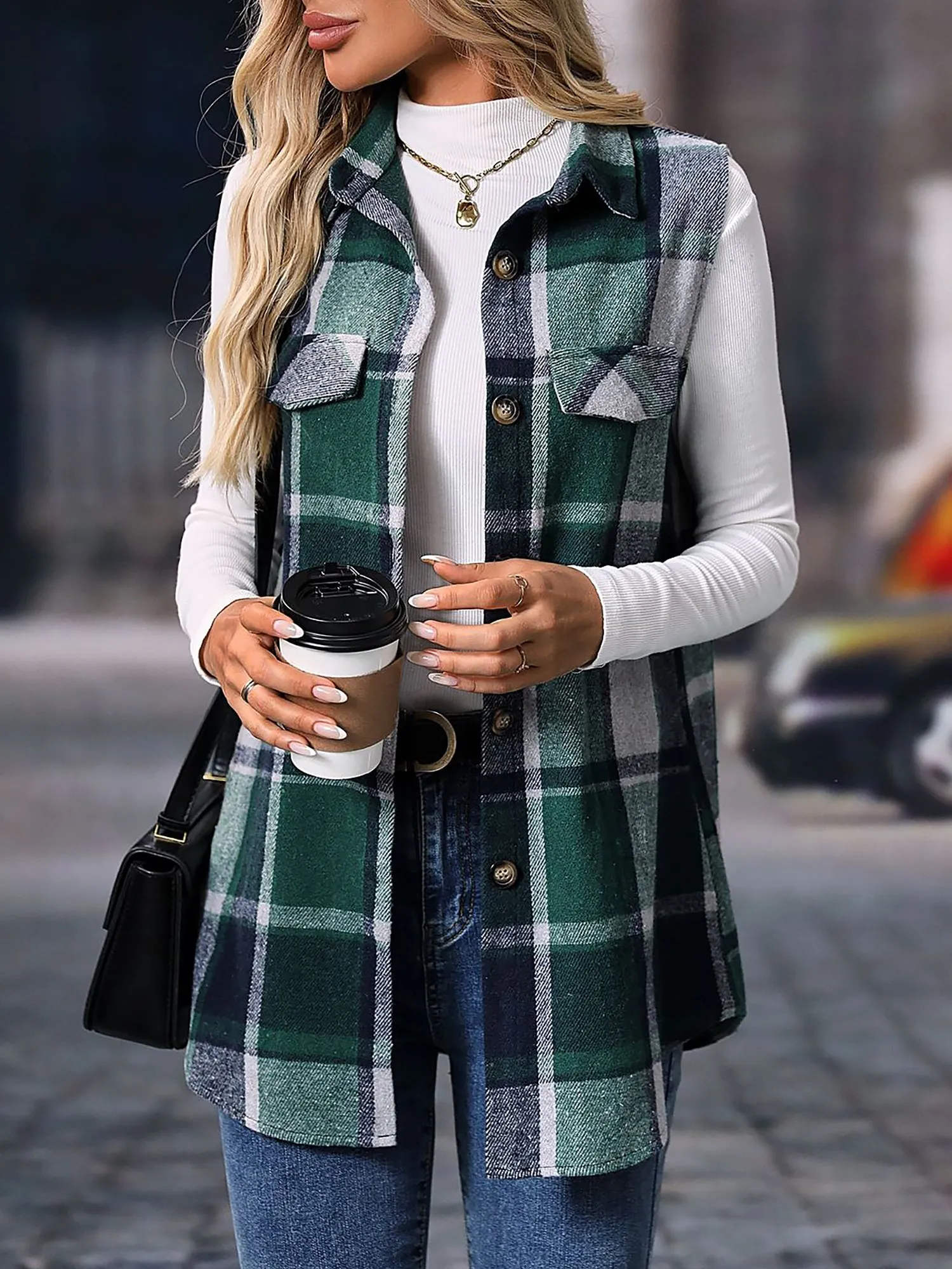 Plaid Sleeveless Button Down Brushed Vest Jacket