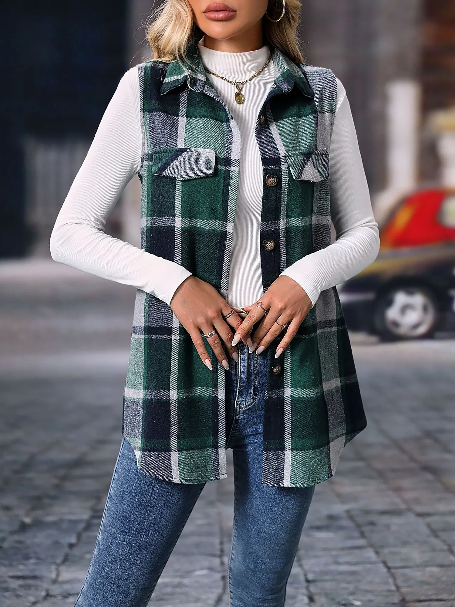 Plaid Sleeveless Button Down Brushed Vest Jacket