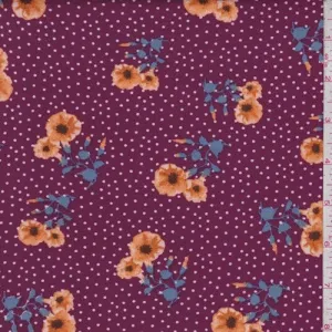 Purple Floral Pin Dot Double Brushed Jersey Knit Fabric