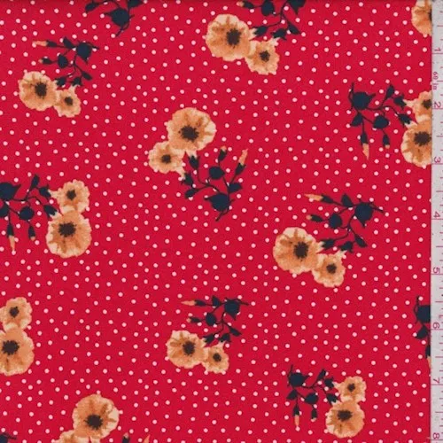 Red Floral Pin Dot Double Brushed Jersey Knit Fabric