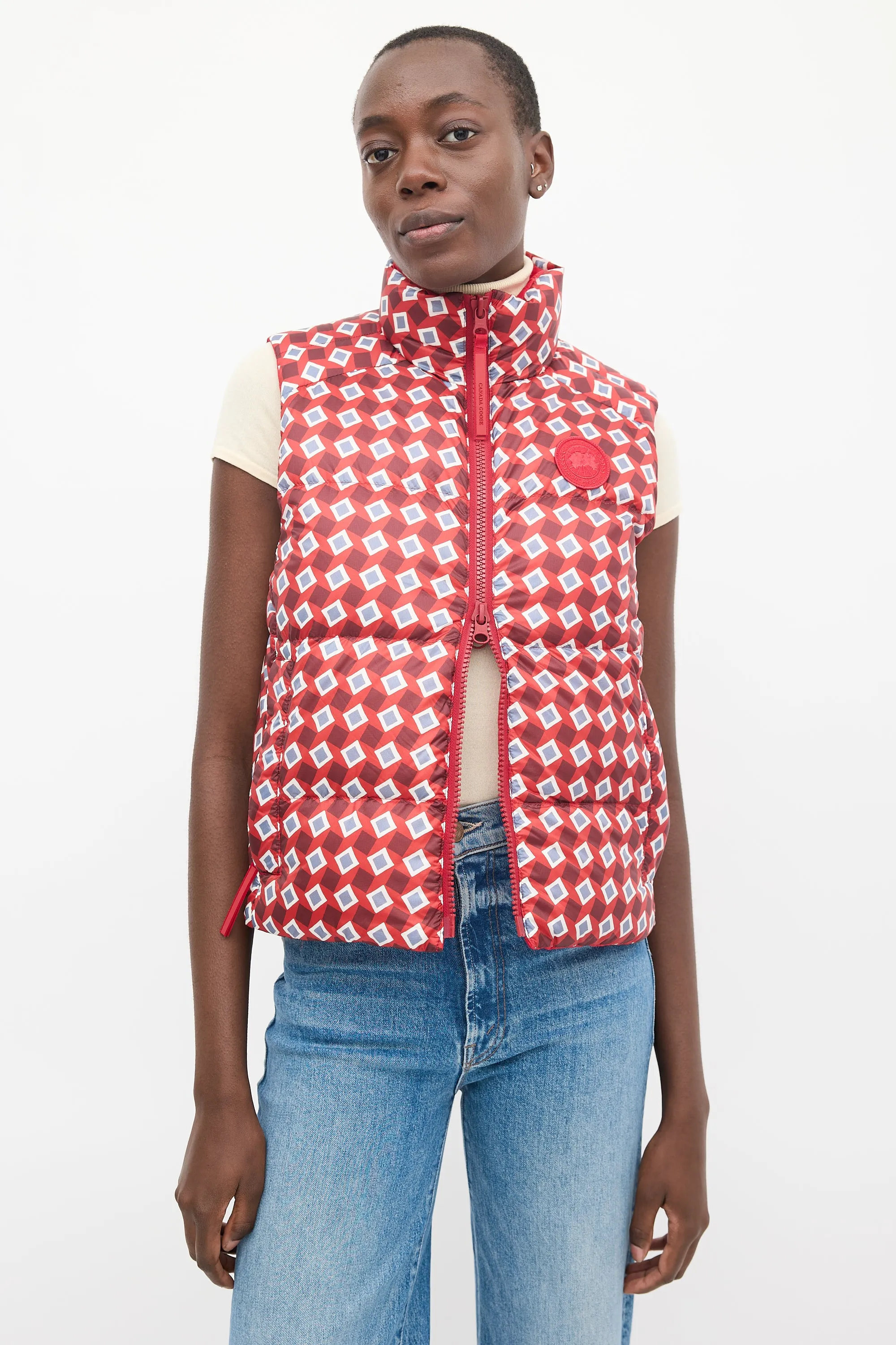 Red Nylon Printed Reversible Down Puffer Vest