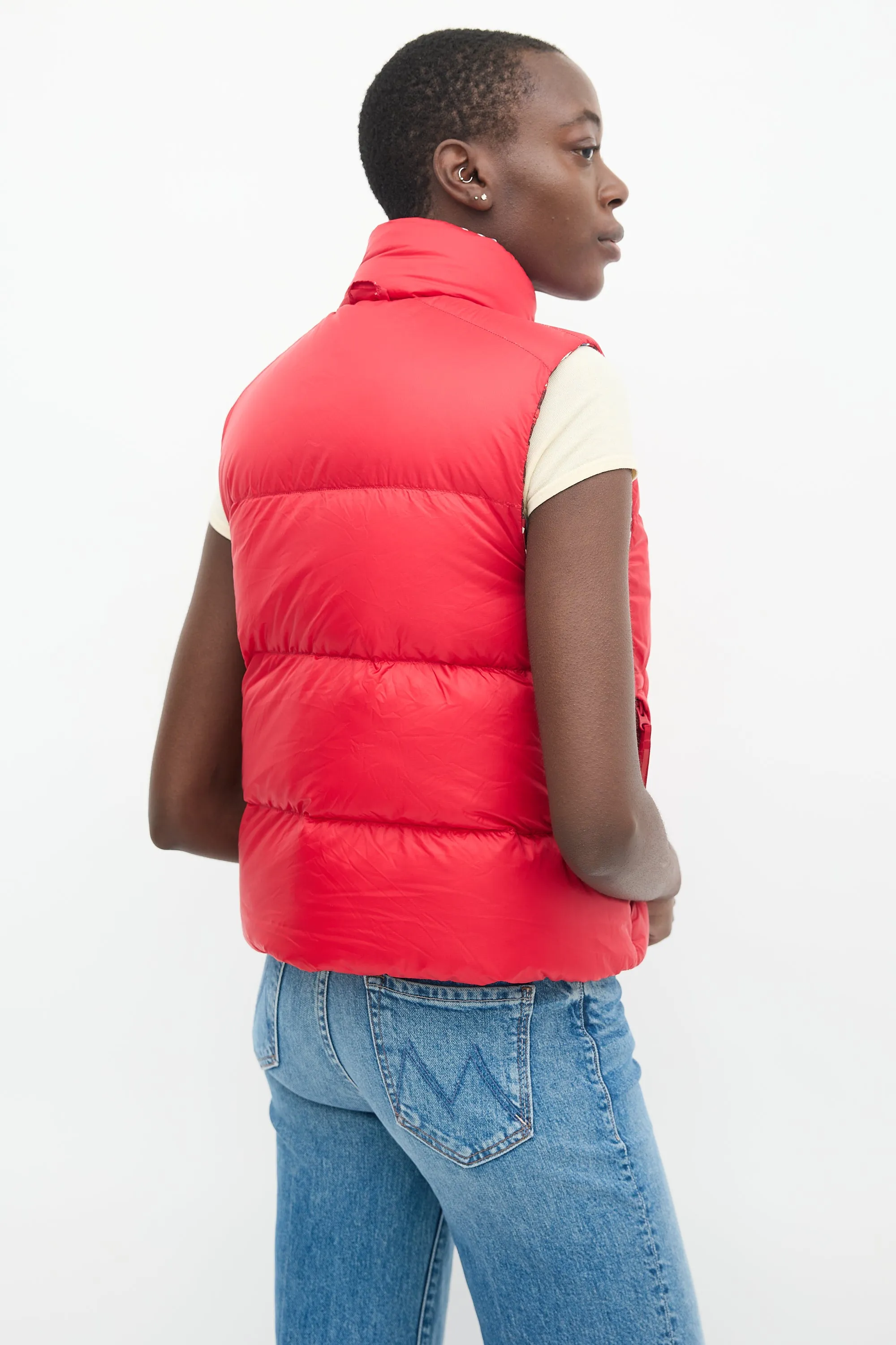 Red Nylon Printed Reversible Down Puffer Vest