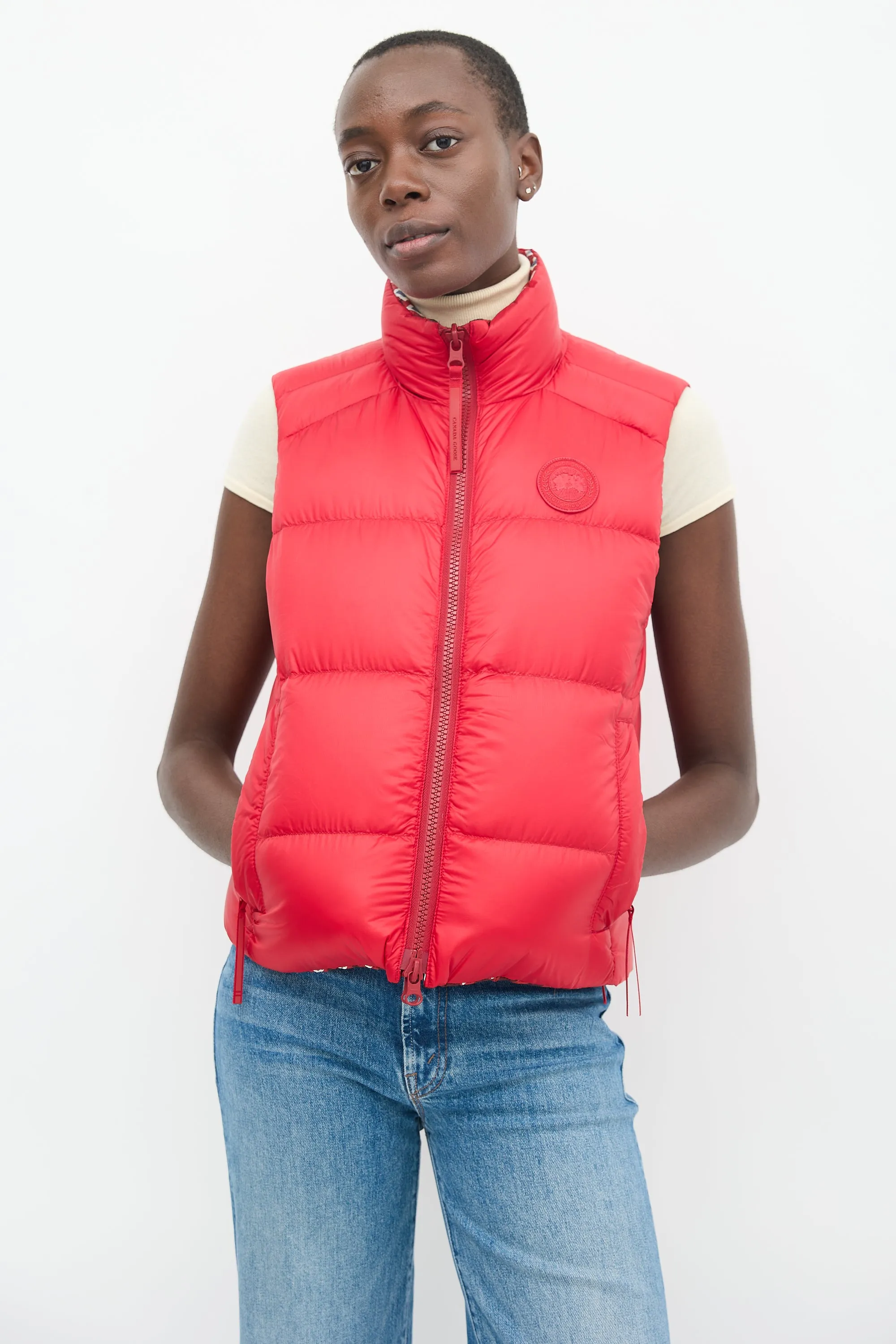 Red Nylon Printed Reversible Down Puffer Vest