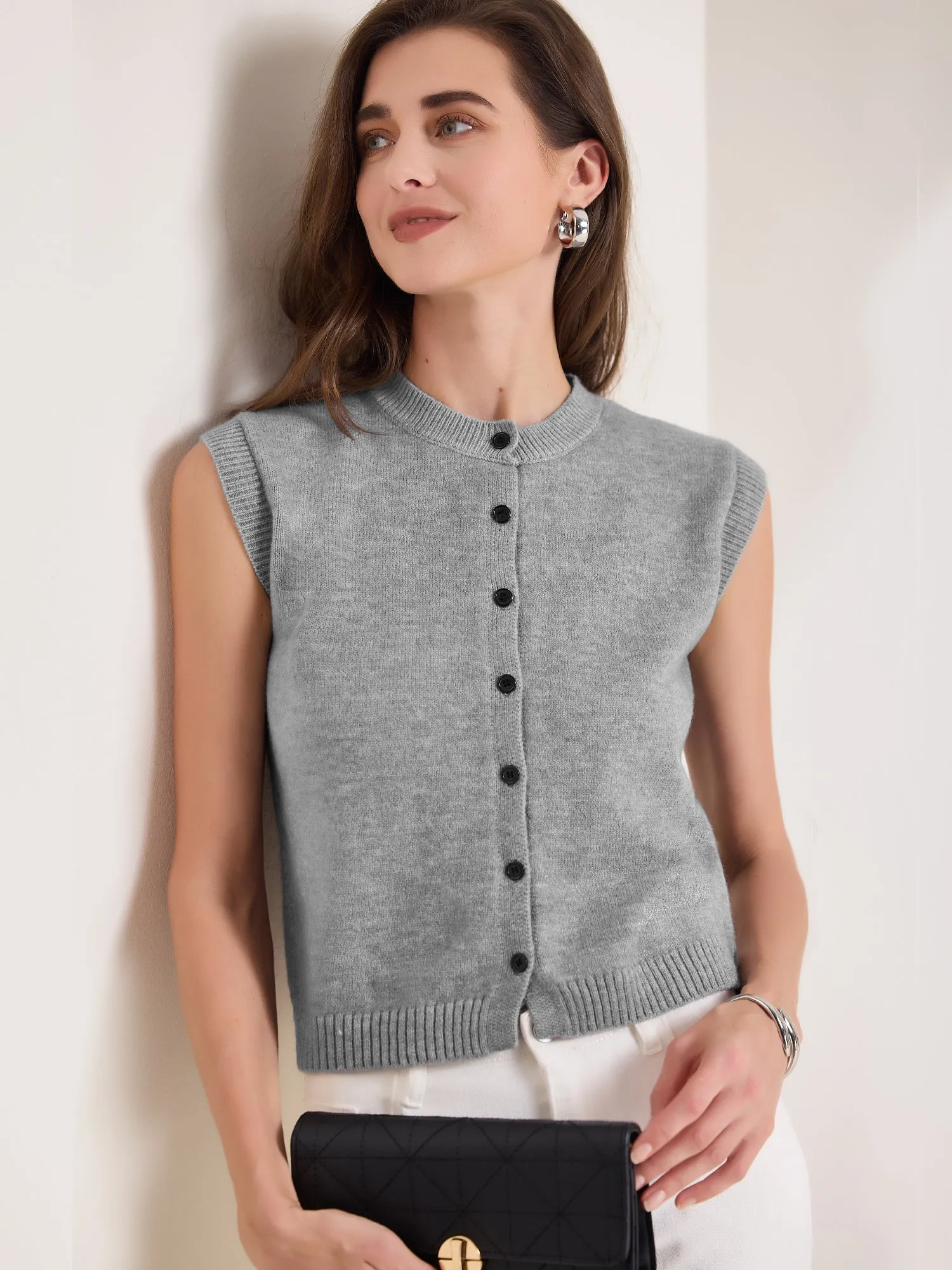 Sleeveless Crew Neck Button Down Knitted Sweater Vest