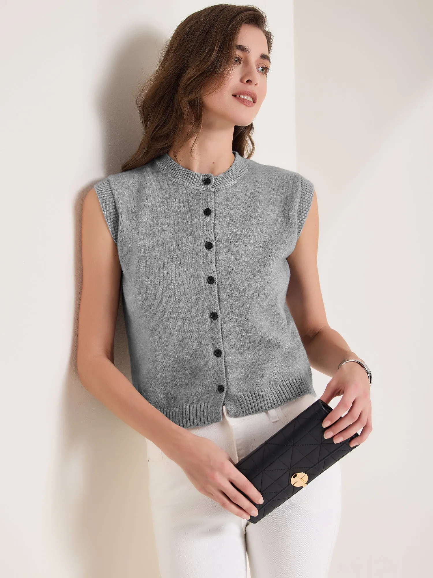 Sleeveless Crew Neck Button Down Knitted Sweater Vest