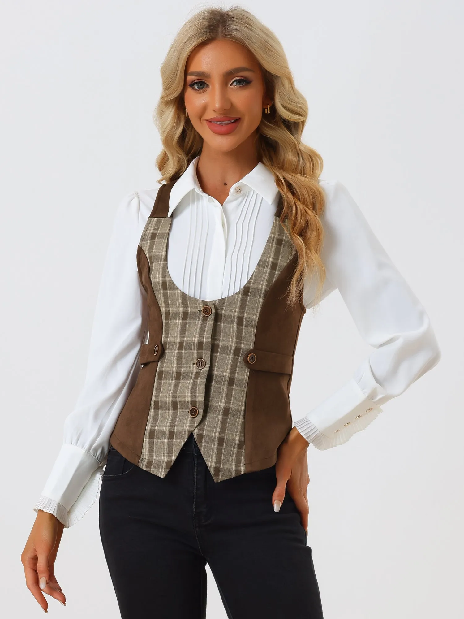 Vintage Waistcoat Vest Plaid Button Down Sleeveless Dressy Vests