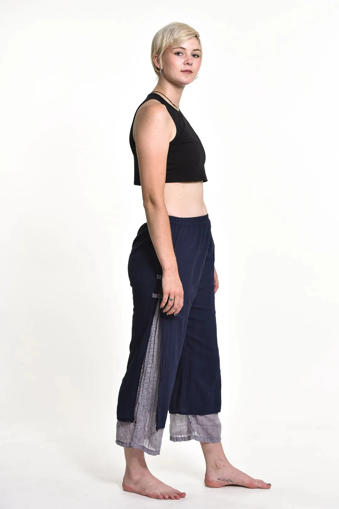 Women's Cotton Double Layers Cropped Pants in Solid Navy, Thailand