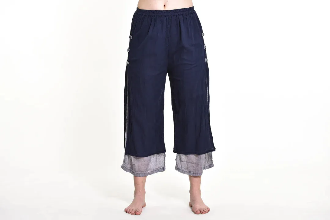 Women's Cotton Double Layers Cropped Pants in Solid Navy, Thailand