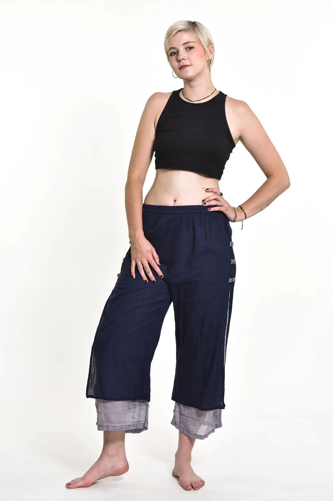 Women's Cotton Double Layers Cropped Pants in Solid Navy, Thailand