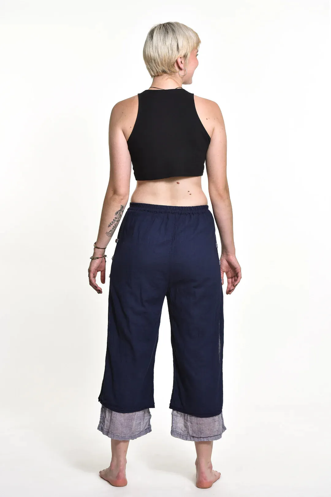 Women's Cotton Double Layers Cropped Pants in Solid Navy, Thailand