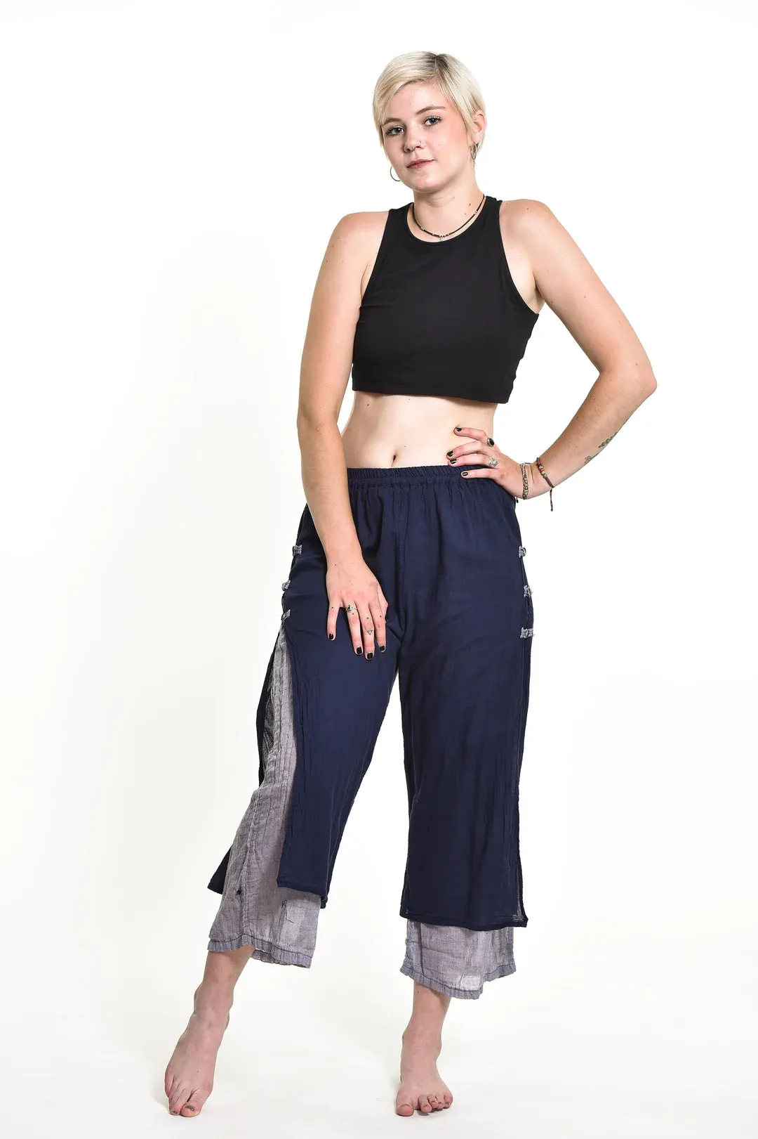 Women's Cotton Double Layers Cropped Pants in Solid Navy, Thailand