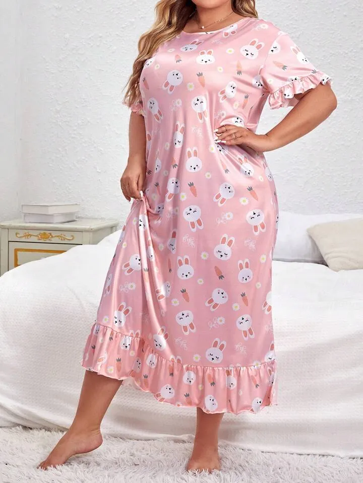 Women's Cute Bunny & Carrot Print Sleepwear Dress, Short Sleeve Round Neck Ruffle Hem Dress, Comfortable Nightgown