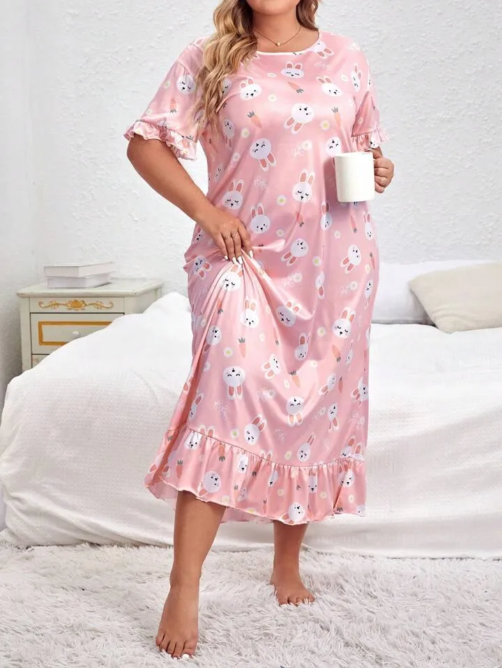 Women's Cute Bunny & Carrot Print Sleepwear Dress, Short Sleeve Round Neck Ruffle Hem Dress, Comfortable Nightgown