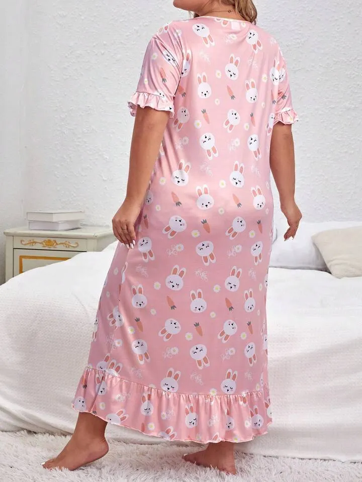 Women's Cute Bunny & Carrot Print Sleepwear Dress, Short Sleeve Round Neck Ruffle Hem Dress, Comfortable Nightgown